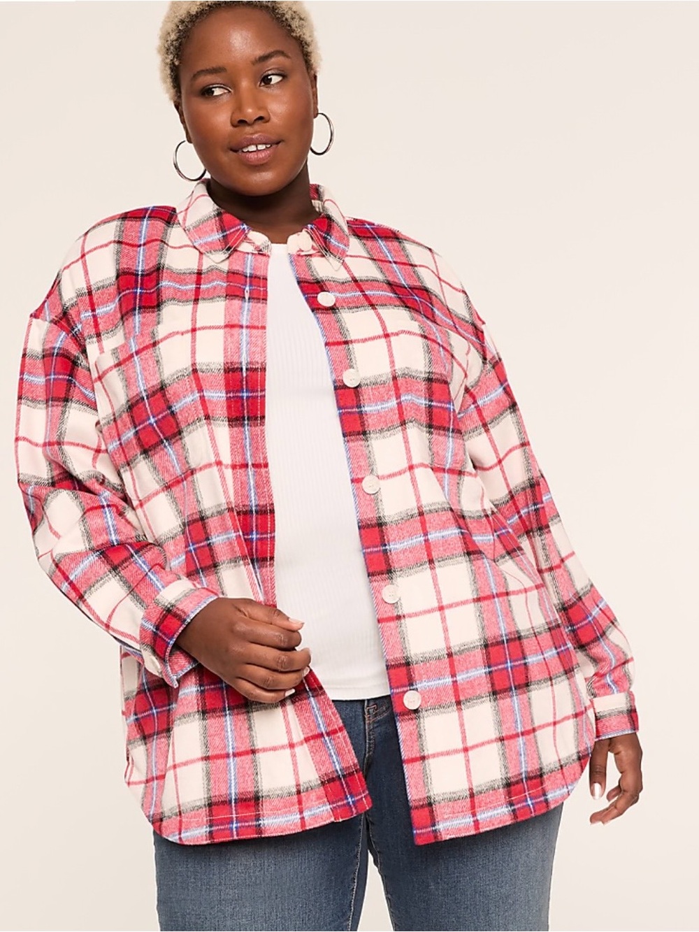 Lane Bryant Red Cream Plaid Button-Front Shacket